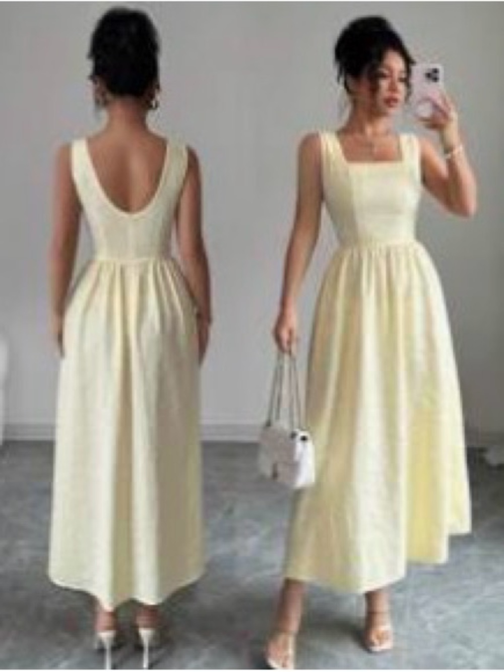 Square-Neck Sleeveless Midi Dress in Pale Yellow